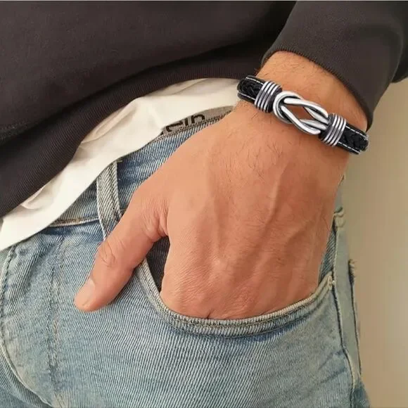 🔸️NIB Black "To My Man" Braided Leather Infinity Knot Cuff Bracelet 7.8" - Picture 2 of 11